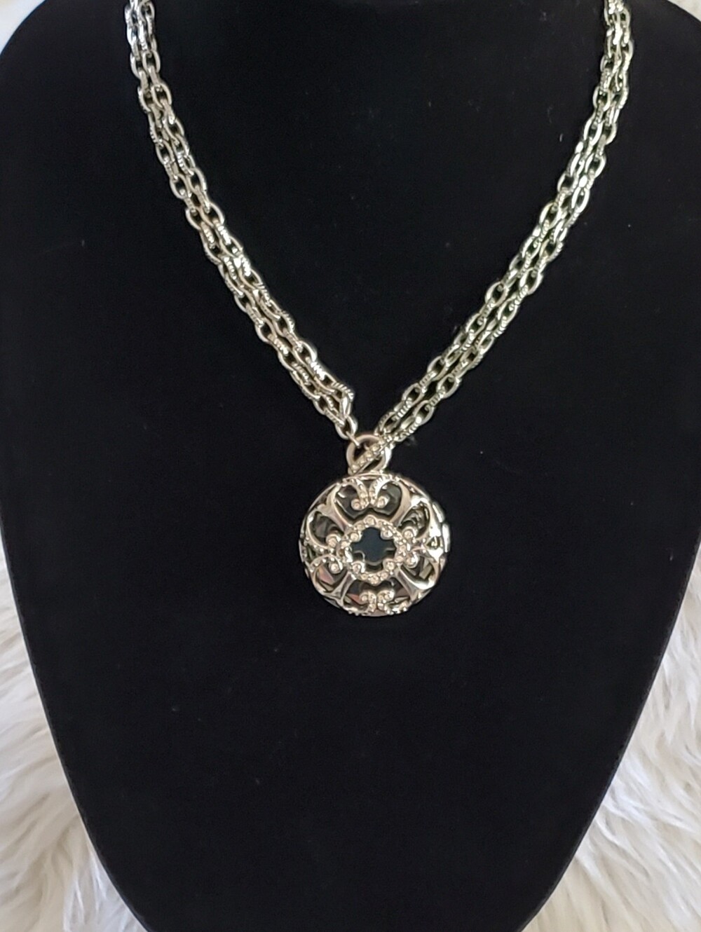 White House Black Market Silver Gray Rhinestone Medallion Double Chain Necklace